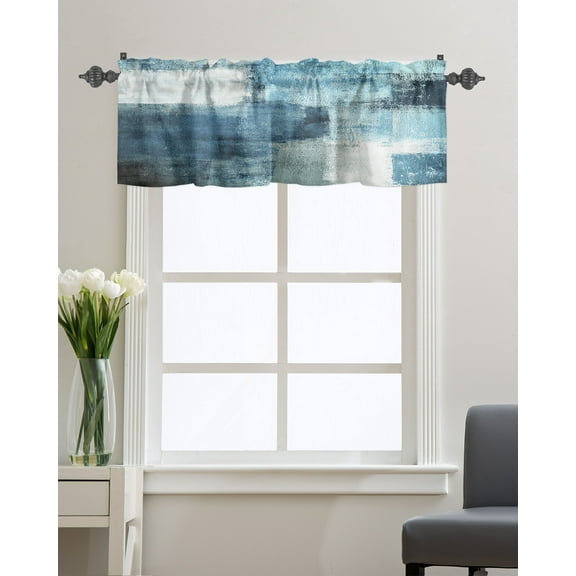 Kitchen Cafe Valance Curtain for Small Windows,Abstract Paint Art Graffiti Blue Lattice Rod Pocket Short Valances Modern Geometric Window Treatment Panel for Living Room/Bedroom/Bathroom,54x18in