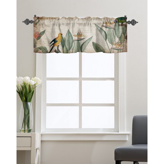 Kitchen Cafe Valance Curtain for Small Windows,Bird Parrot Sits on Branch Plant Rod Pocket Short Valances Retro Old Newspaper Window Treatment Panel for Living Room/Bedroom/Bathroom,42x18in