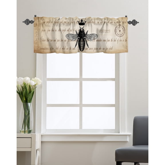 Kitchen Cafe Valance Curtain for Small Windows,Black Queen Bee and Crown on Vintage Letter Back Rod Pocket Short Valances Farmhouse Window Treatment Panel for Living Room/Bedroom/Bathroom,54x18in