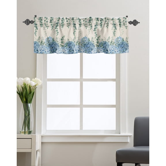 Kitchen Cafe Valance Curtain for Small Windows,Blue Hydrangea and Eucalyptus Leaves Rod Pocket Short Valances Farm Retro Burlap Linen Window Treatment Panel for Living Room/Bedroom/Bathroom,42x18in