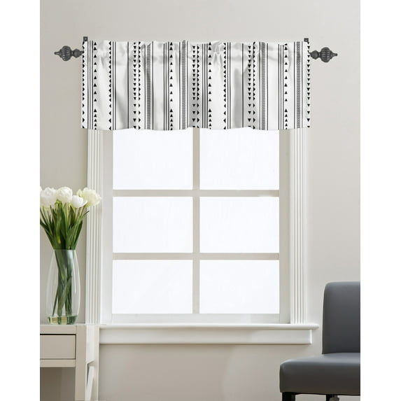 Kitchen Cafe Valance Curtain for Small Windows,Bohemian Geometric Triangle Black Line Stripe Art Rod Pocket Short Valances Boho White Window Treatment Panel for Living Room/Bedroom/Bathroom,42x18in
