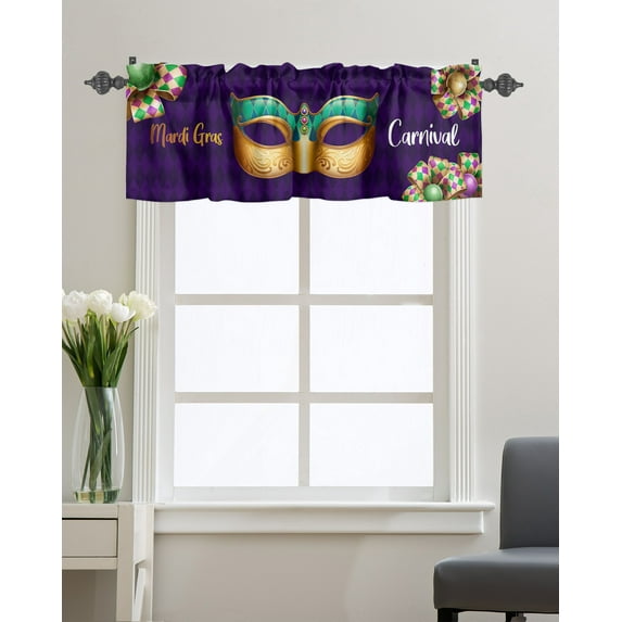 Kitchen Cafe Valance Curtain for Small Windows,Carnival Mardi Gras Celebraion Rod Pocket Short Valances Mask on Purple Diamond Checker Window Treatment Panel for Living Room/Bedroom/Bathroom,54x18in