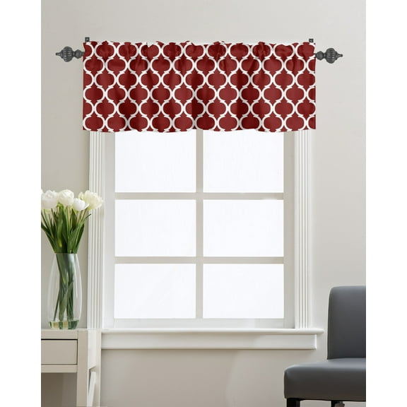 Kitchen Cafe Valance Curtain for Small Windows,Classic Moroccan Tile Geometric Art Rod Pocket Short Valances Retro Burgundy Window Treatment Panel for Living Room/Bedroom/Bathroom,54x18in