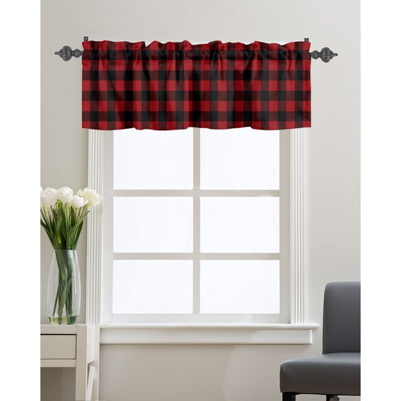 Kitchen Cafe Valance Curtain for Small Windows,Classic Red and Black Grid Lattice Rod Pocket Valances Farmhouse Buffalo Checker Plaid Window Treatment Panel for Living Room/Bedroom/Bathroom,42x12in