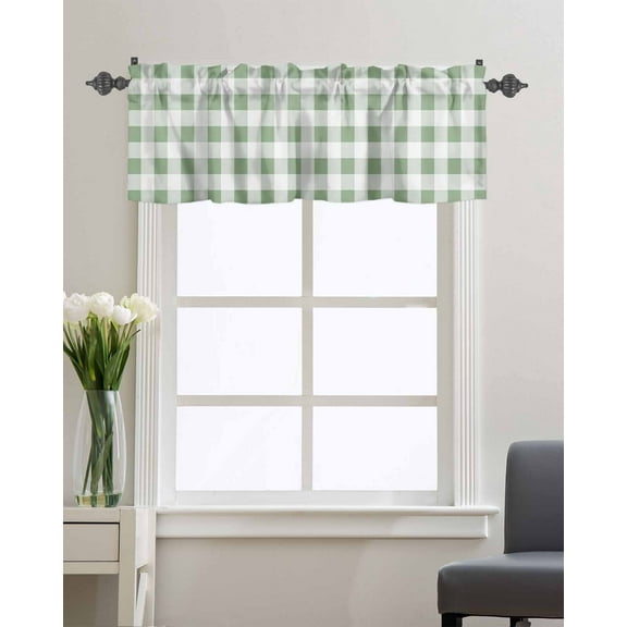 Kitchen Cafe Valance Curtain for Small Windows,Classic Sage Green White Lattice Rod Pocket Short Valances Buffalo Checker Plaid Window Treatment Panel for Living Room/Bedroom/Bathroom,42x12in