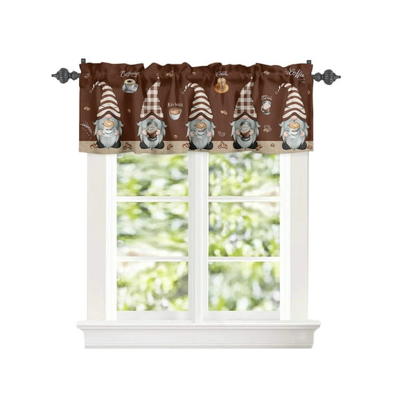 Kitchen Cafe Valance Curtain for Small Windows,Dwarfs and Coffee Bean on Brown Rod Pocket Short Valances Cappuccino Flat White Window Treatment Panel for Living Room/Bedroom/Bathroom,42x12in