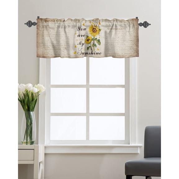 Kitchen Cafe Valance Curtain for Small Windows,Farm My Sunshine Sunflowers Rod Pocket Short Valances Floral on Vintage Old Letter Window Treatment Panel for Living Room/Bedroom/Bathroom,42x12in