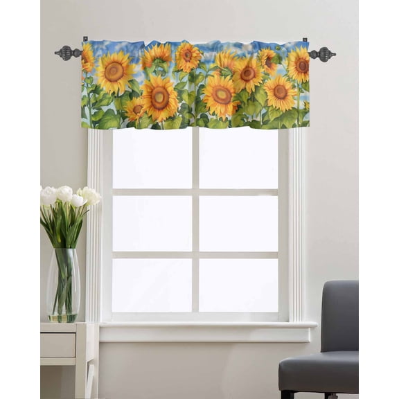 Kitchen Cafe Valance Curtain for Small Windows,Farm Spring Garden Sunflower Rod Pocket Short Valances Floral Green Leaves Blue Sky Window Treatment Panel for Living Room/Bedroom/Bathroom,42x12in