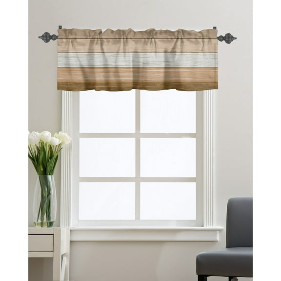 Kitchen Cafe Valance Curtain for Small Windows,Farmhouse Brown Gradient Wooden Plank Rod Pocket Short Valances Rustic Wood Grain Board Window Treatment Panel for Living Room/Bedroom/Bathroom,54x18in