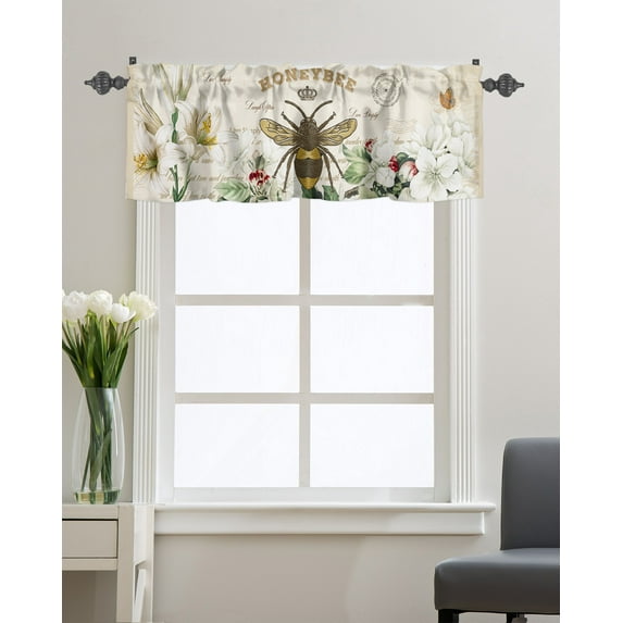 Kitchen Cafe Valance Curtain for Small Windows,Farmhouse Queen Bee Floral Butterfly Rod Pocket Short Valances Vintage Letter Window Treatment Panel for Living Room/Bedroom/Bathroom,54x18in