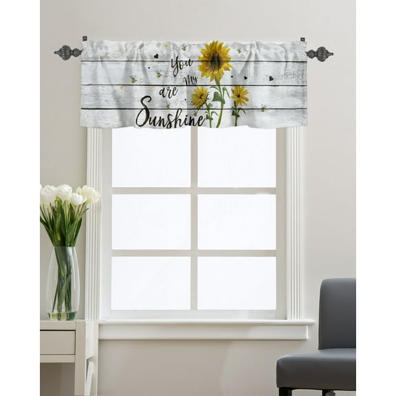 Kitchen Cafe Valance Curtain for Small Windows,Farmhouse Sunflowers on Shabby Wooden Planks Rod Pocket Short Valances Bees Window Treatment Panel for Living Room/Bedroom/Bathroom,54x18in