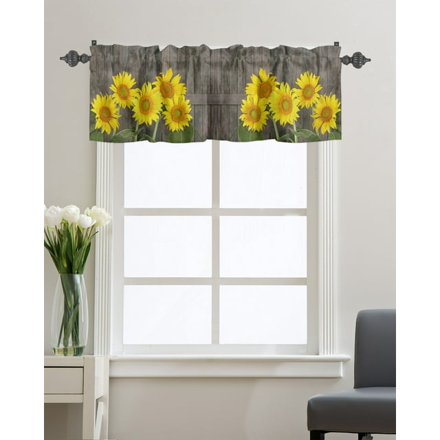 Kitchen Cafe Valance Curtain for Small Windows,Farmhouse Yellow Sunflowers Floral Rod Pocket Short Valances Mottled Rustic Wooden Plank Window Treatment Panel for Living Room/Bedroom/Bathroom,42x12in