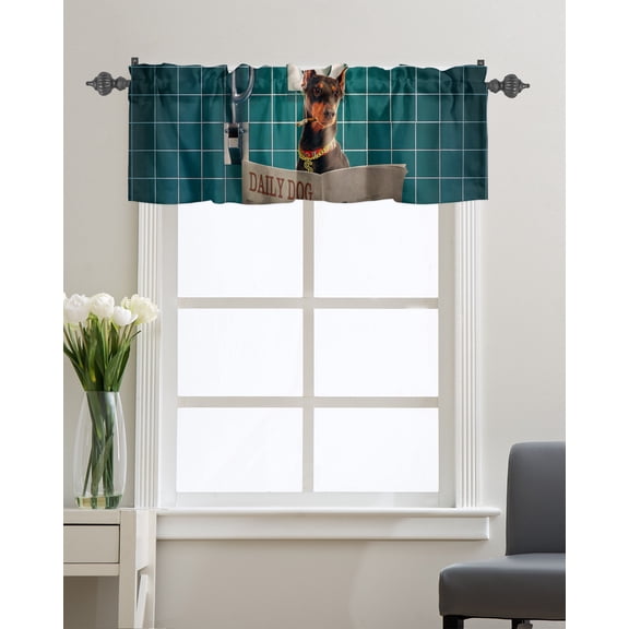 Kitchen Cafe Valance Curtain for Small Windows,Funny Doberman Dog with Newspaper Rod Pocket Valances Animals on Toilet Cyan Grid Tile Window Treatment Panel for Living Room/Bedroom/Bathroom,42x12in