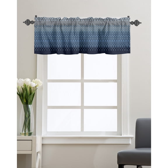 Kitchen Cafe Valance Curtain for Small Windows,Geometric Art Diamond Lattice Rhombus Rod Pocket Valances Modern Blue Ombre Gradient Window Treatment Panel for Living Room/Bedroom/Bathroom,42x12in