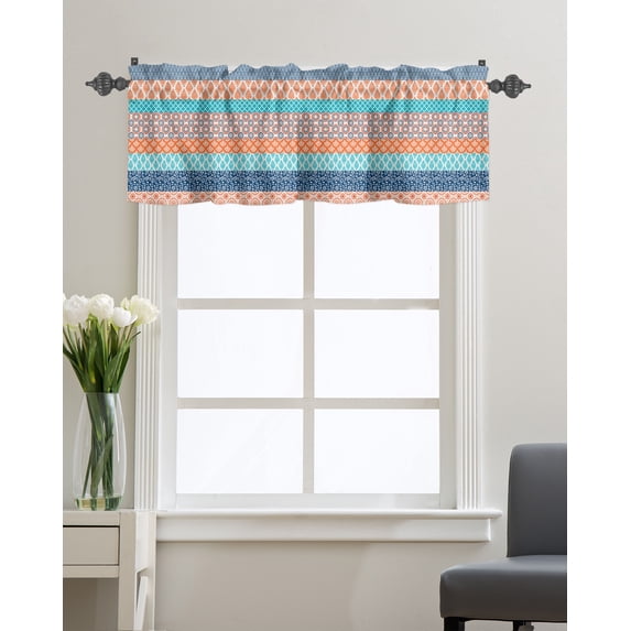 Kitchen Cafe Valance Curtain for Small Windows,Geometric Boho Ethnic Texture Rod Pocket Short Valances Abstract Floral Colorful Stripe Window Treatment Panel for Living Room/Bedroom/Bathroom,42x18in