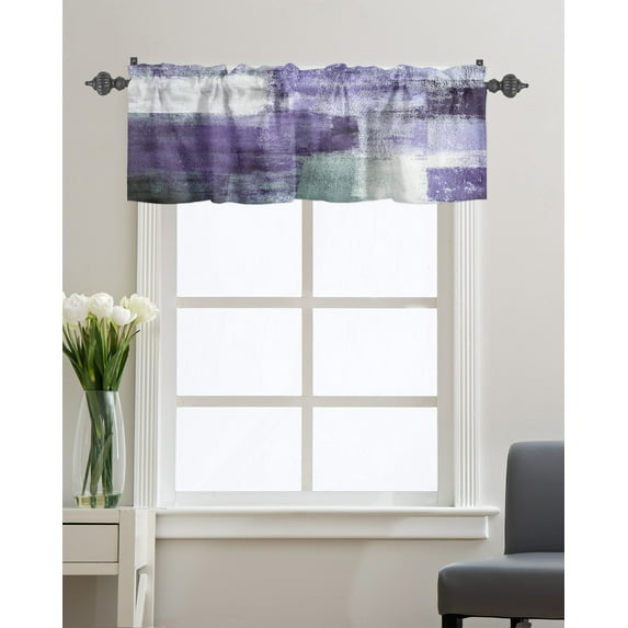 Kitchen Cafe Valance Curtain for Small Windows,Geometric Purple Plaid Paint Rod Pocket Short Valances Modern Abstract Art Window Treatment Panel for Living Room/Bedroom/Bathroom,54x18in