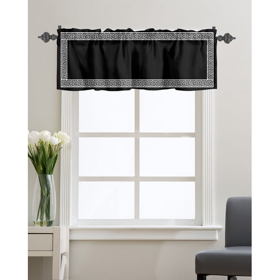 Kitchen Cafe Valance Curtain for Small Windows,Greek Art Inspired Rod Pocket Short Valances Abstract Monochrome Black White Window Treatment Panel for Living Room/Bedroom/Bathroom,42x18in
