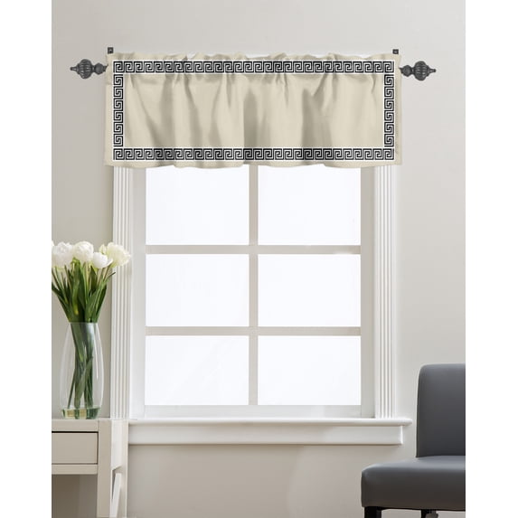 Kitchen Cafe Valance Curtain for Small Windows,Greek Geometric Key Pattern Rod Pocket Short Valances Minimalist Twist Line on Beigh Window Treatment Panel for Living Room/Bedroom/Bathroom,42x12in