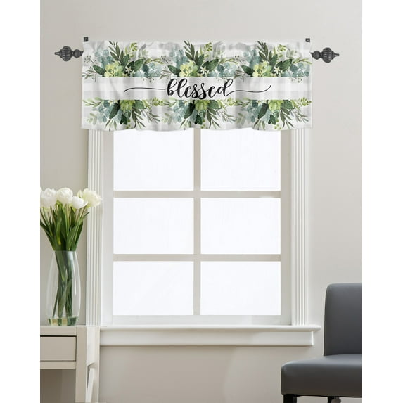 Kitchen Cafe Valance Curtain for Small Windows,Green Botanical Watercolor Leaves Rod Pocket Short Valances Bless Quote on Grey Lattice Window Treatment Panel for Living Room/Bedroom/Bathroom,42x18in