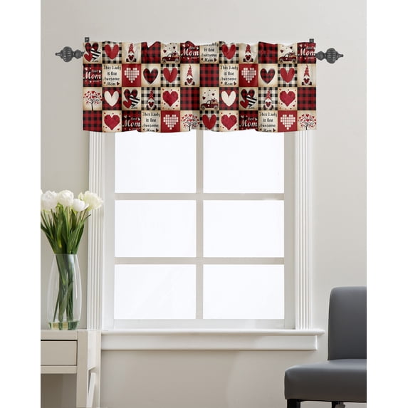 Kitchen Cafe Valance Curtain for Small Windows,Happy Mother's Day Dwarfs Heart Truck Rod Pocket Valances Love Quote on Buffalo Plaid Window Treatment Panel for Living Room/Bedroom/Bathroom,42x12in