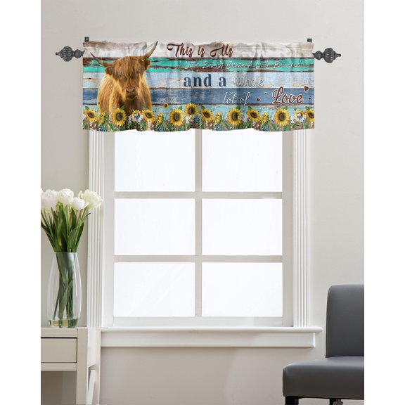 Kitchen Cafe Valance Curtain for Small Windows,Highland Buff Mottled Wood Plank Rod Pocket Short Valances Farm Sunflowers Cow Window Treatment Panel for Living Room/Bedroom/Bathroom,54x18in
