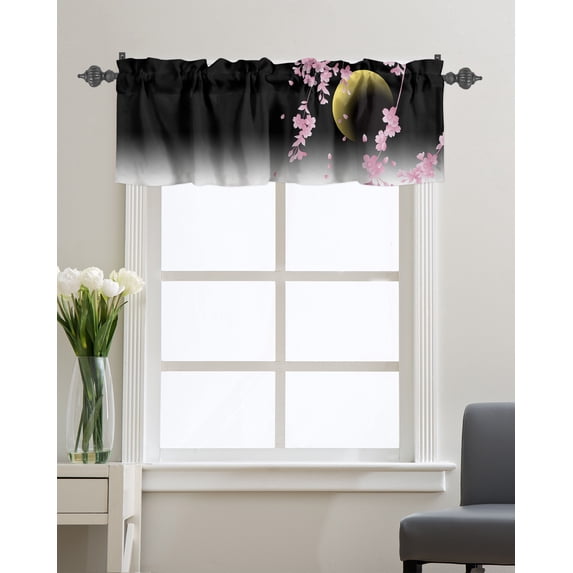 Kitchen Cafe Valance Curtain for Small Windows,Japanese Cherry Blossom Flower Rod Pocket Short Valances Pink Floral and Moon on Black Window Treatment Panel for Living Room/Bedroom/Bathroom,42x12in