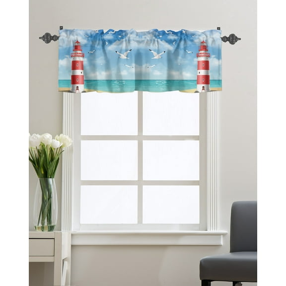 Kitchen Cafe Valance Curtain for Small Windows,Lighthouse Seaside Landscape Rod Pocket Short Valances Blue Sky Flying Bird Window Treatment Panel for Living Room/Bedroom/Bathroom,54x18in