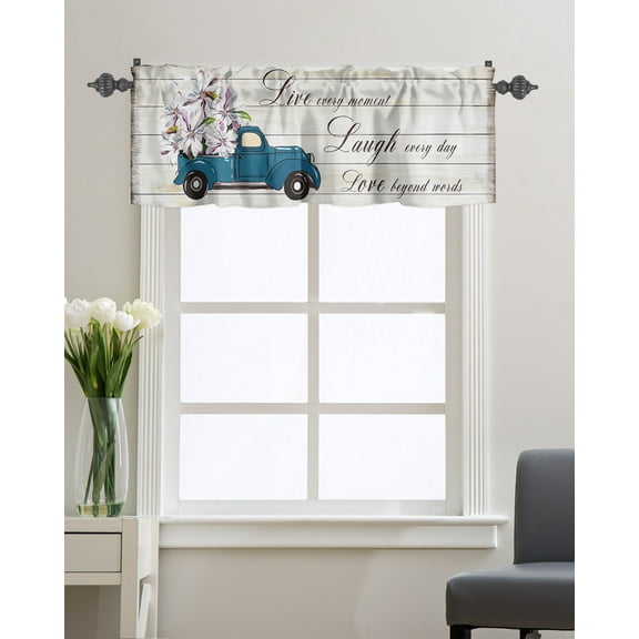 Kitchen Cafe Valance Curtain for Small Windows,Magnolia Flower on Blue Farm Truck Rod Pocket Short Valances Life Quote on Wood Plank Window Treatment Panel for Living Room/Bedroom/Bathroom,54x18in
