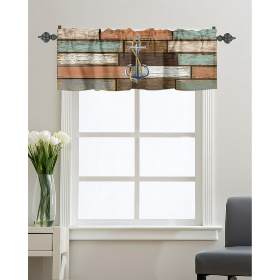 Kitchen Cafe Valance Curtain for Small Windows,Marine Nautical Anchor on Vintage Wood Board Rod Pocket Short Valances Brown Teal Window Treatment Panel for Living Room/Bedroom/Bathroom,54x18in
