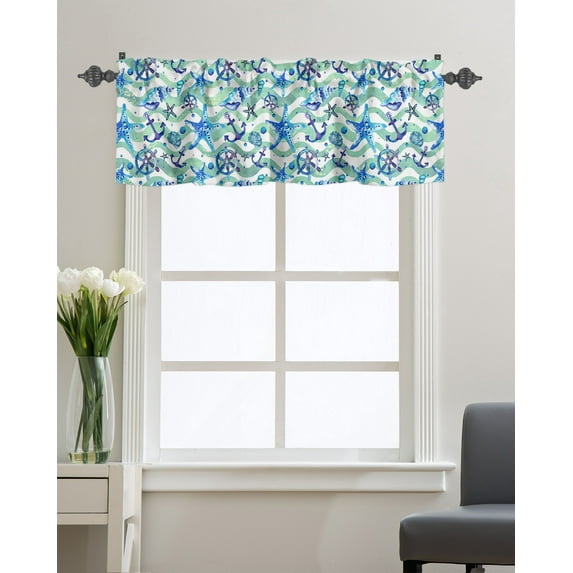 Kitchen Cafe Valance Curtain for Small Windows,Marine Starfish Sea Conch on Wave Stripe Rod Pocket Valances Ocean Nautical Anchor Rudder Window Treatment for Living Room/Bedroom/Bathroom,60x18in