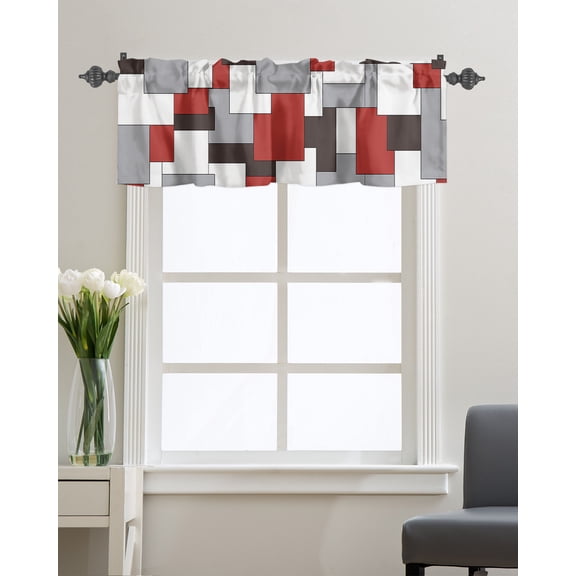 Kitchen Cafe Valance Curtain for Small Windows,Mid-Century Abstract Geometric Rod Pocket Short Valances Modern Gray Red Art Window Treatment Panel for Living Room/Bedroom/Bathroom,42x12in