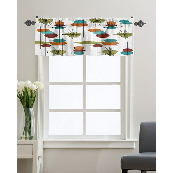 Kitchen Cafe Valance Curtain for Small Windows,Mid Century Geometric Abstract Ellipse Rod Pocket Valances Modern Orange Maroon Teal Window Treatment Panel for Living Room/Bedroom/Bathroom,60x18in