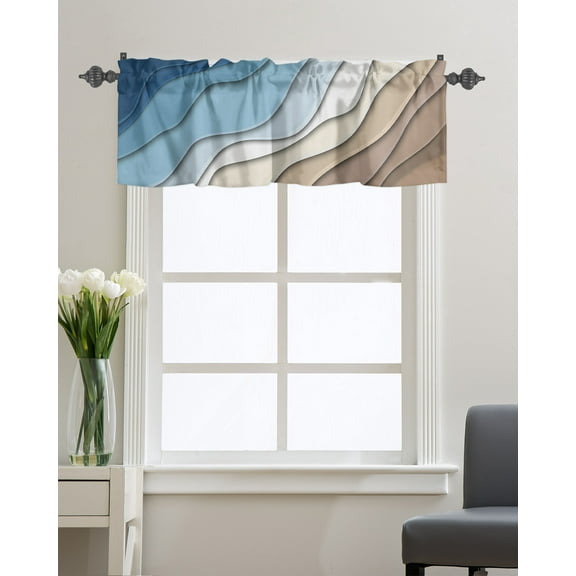 Kitchen Cafe Valance Curtain for Small Windows,Modern Abstract Wave Lines Rod Pocket Short Valances Ombre Blue White Brown Color Block Window Treatment Panel for Living Room/Bedroom/Bathroom,60x18in