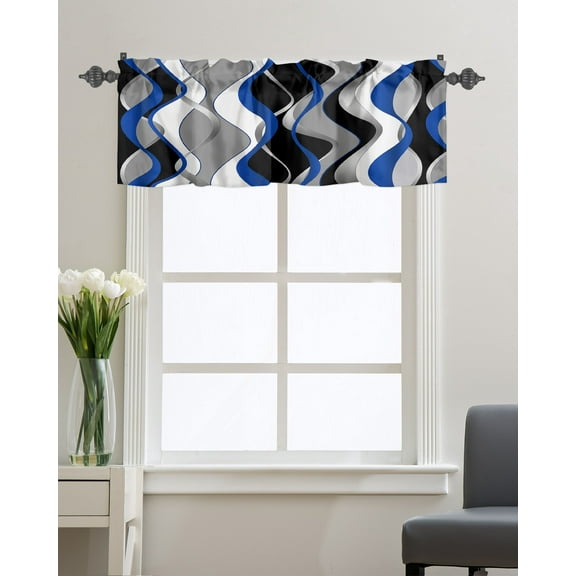 Kitchen Cafe Valance Curtain for Small Windows,Modern Abstract Wave Stripe Rod Pocket Short Valances Blue White Grey Lines on Black Window Treatment Panel for Living Room/Bedroom/Bathroom,42x12in