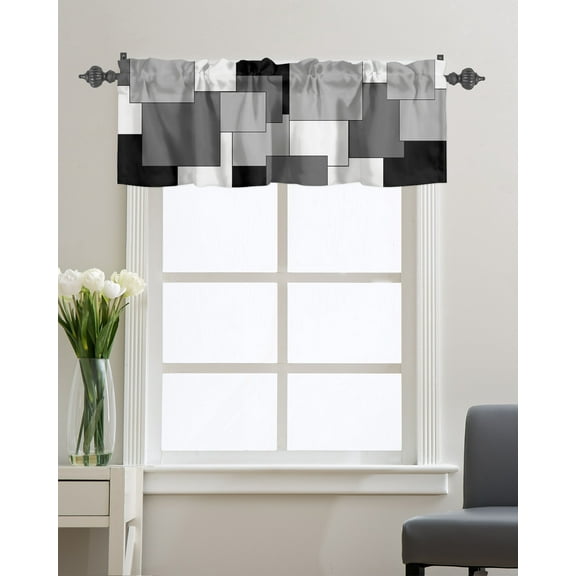 Kitchen Cafe Valance Curtain for Small Windows,Modern Black Grey White Blocks Patchwork Rod Pocket Valances Abstract Geometric Art Window Treatment Panel for Living Room/Bedroom/Bathroom,60x18in