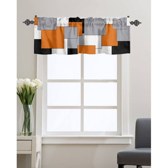 Kitchen Cafe Valance Curtain for Small Windows,Modern Minimalist Geometric Rod Pocket Short Valances Orange Gray Black Rectangle Blocks Window Treatment Panel for Living Room/Bedroom/Bathroom,60x18in