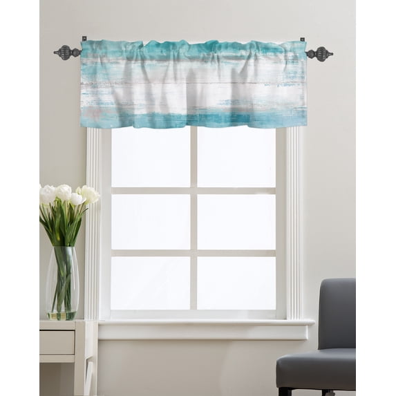 Kitchen Cafe Valance Curtain for Small Windows,Modern Minimalist Graffiti Artwork Rod Pocket Valances Teal Gray White Oil Painting Window Treatment Panel for Living Room/Bedroom/Bathroom,42x18in