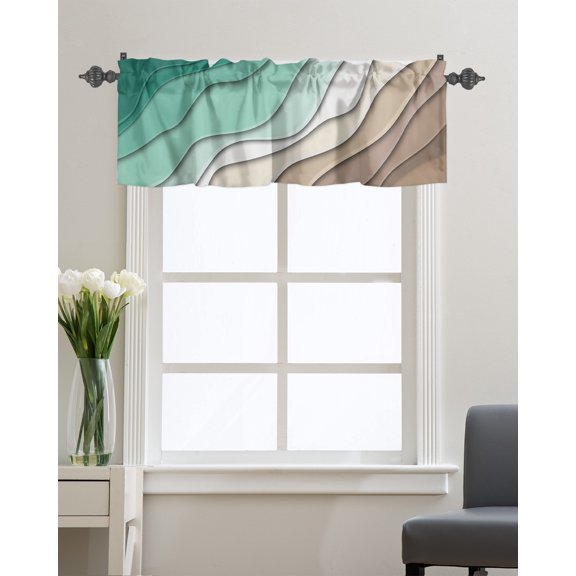 Kitchen Cafe Valance Curtain for Small Windows,Modern Teal Green and Brown Gradient Rod Pocket Valances Geometric Abstract Sea Beach Window Treatment Panel for Living Room/Bedroom/Bathroom,54x18in