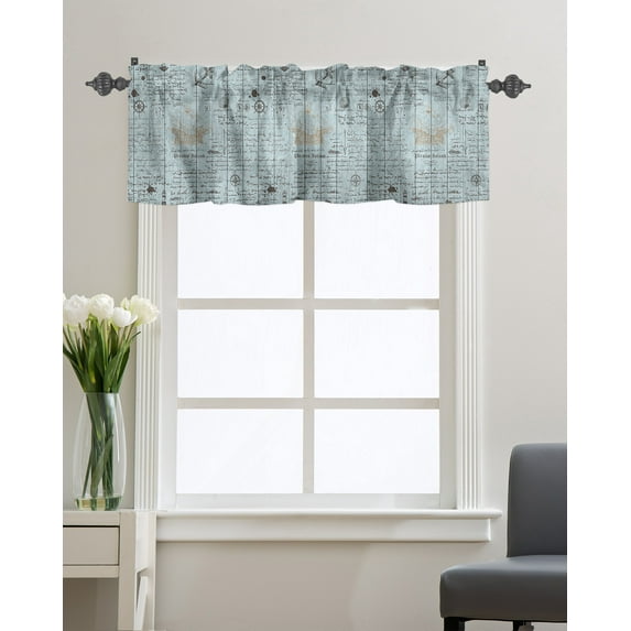 Kitchen Cafe Valance Curtain for Small Windows,Nautical Anchor Compass Lighthouse Rod Pocket Short Valances Vintage Quote on Teal Wooden Window Treatment for Living Room/Bedroom/Bathroom,42x12in