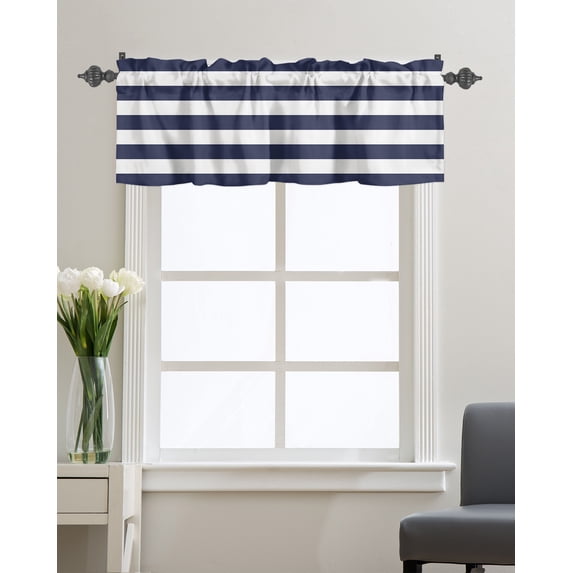 Kitchen Cafe Valance Curtain for Small Windows,Navy Blue and White Stripe Rod Pocket Short Valances Modern Stripes Pattern Window Treatment Panel for Living Room/Bedroom/Bathroom,42x12in