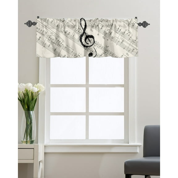 Kitchen Cafe Valance Curtain for Small Windows,Notes on Musical Sheet Rod Pocket Short Valances Black Ink Painting Notation Window Treatment Panel for Living Room/Bedroom/Bathroom,54x18in