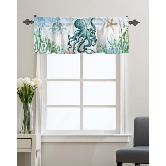 Kitchen Cafe Valance Curtain for Small Windows,Ocea Life Octopus with Compass Starfish Rod Pocket Short Valances Seaweed Window Treatment Panel for Living Room/Bedroom/Bathroom,42x18in