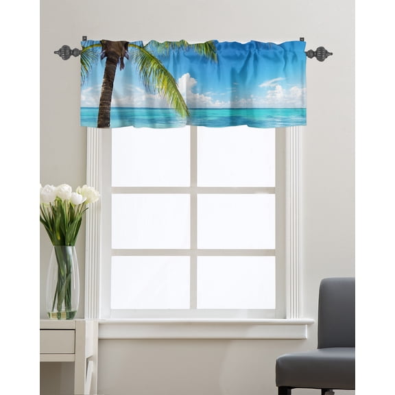 Kitchen Cafe Valance Curtain for Small Windows,Ocean Hawaii Tropical Palm Landscape Rod Pocket Short Valances Blue Sky Clear Water Window Treatment Panel for Living Room/Bedroom/Bathroom,42x12in