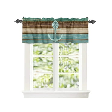 Kitchen Cafe Valance Curtain for Small Windows,Ocean Nautical Teal Anchor Compass Rod Pocket Short Valances Vintage Rustic Farm Wood Plank Window Treatment for Living Room/Bedroom/Bathroom,54x18in