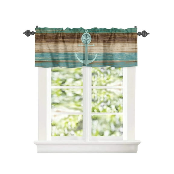 Kitchen Cafe Valance Curtain for Small Windows,Ocean Nautical Teal Anchor Compass Rod Pocket Short Valances Vintage Rustic Farm Wood Plank Window Treatment for Living Room/Bedroom/Bathroom,42x18in