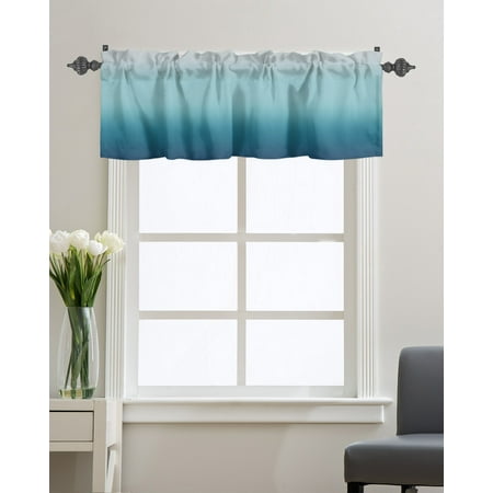 Kitchen Cafe Valance Curtain for Small Windows,Ombre Teal to Gray Gradient Rod Pocket Short Valances Modern Abstract Art Window Treatment Panel for Living Room/Bedroom/Bathroom,60x18in