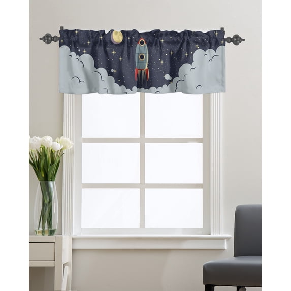 Kitchen Cafe Valance Curtain for Small Windows,Outer Exploration Rocket Spaceship Rod Pocket Short Valances Moon Night Dark Window Treatment Panel for Living Room/Bedroom/Bathroom,60x18in