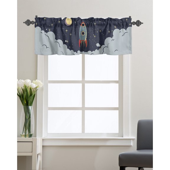 Kitchen Cafe Valance Curtain for Small Windows,Outer Exploration Rocket Spaceship Rod Pocket Short Valances Moon Night Dark Window Treatment Panel for Living Room/Bedroom/Bathroom,42x12in