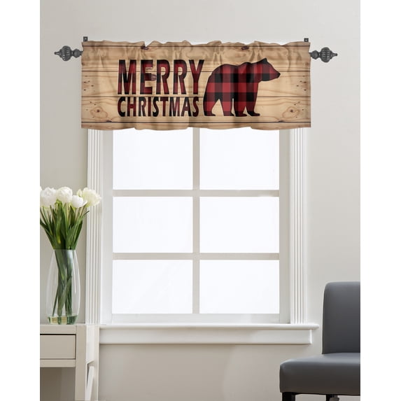 Kitchen Cafe Valance Curtain for Small Windows,Red Buffalo Plaid Bear Animal Rod Pocket Short Valances Vintage Wood Borad Window Treatment Panel for Living Room/Bedroom/Bathroom,42x12in