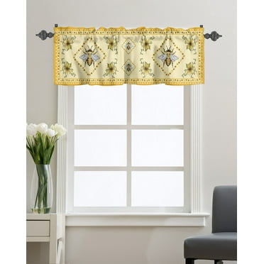 Kitchen Cafe Valance Curtain for Small Windows,Retro Farm Honeybee Sunflower Rod Pocket Short Valances Vintage Yellow Window Treatment Panel for Living Room/Bedroom/Bathroom,54x18in